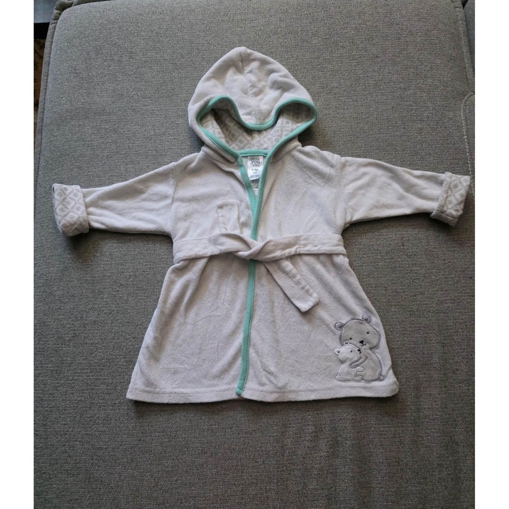Just One You Carters Baby Hooded Robe White Mint Green Bear 0-9M Bath Wrap